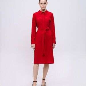 Cortefiel Red Long-Sleeve Shirt Dress with Tie Waist size Small